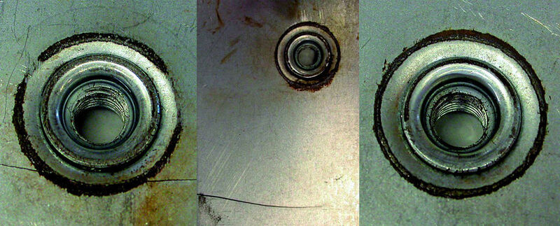 Bild 4: Bruchmechanismen bei der Nietmutter, Kraftrichtung nach oben. Bilder: Profil Verbindungstechnik (Archiv: Vogel Business Media)