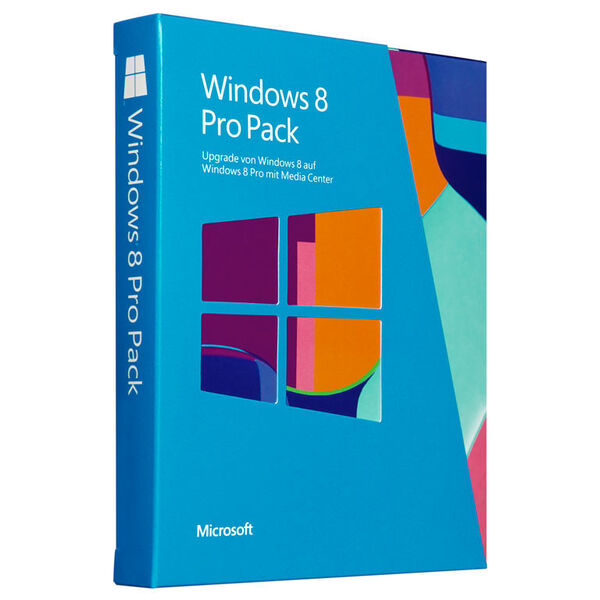Der Windows 8 Pro Pack, der das Upgrade von der Basicvariante sowie die erweiterung Media center enthält, ist derzeit für 60 euro im Handel. Ab Februar 2013 sind 100 Euro mehr fällig. (Bild: Microsoft)