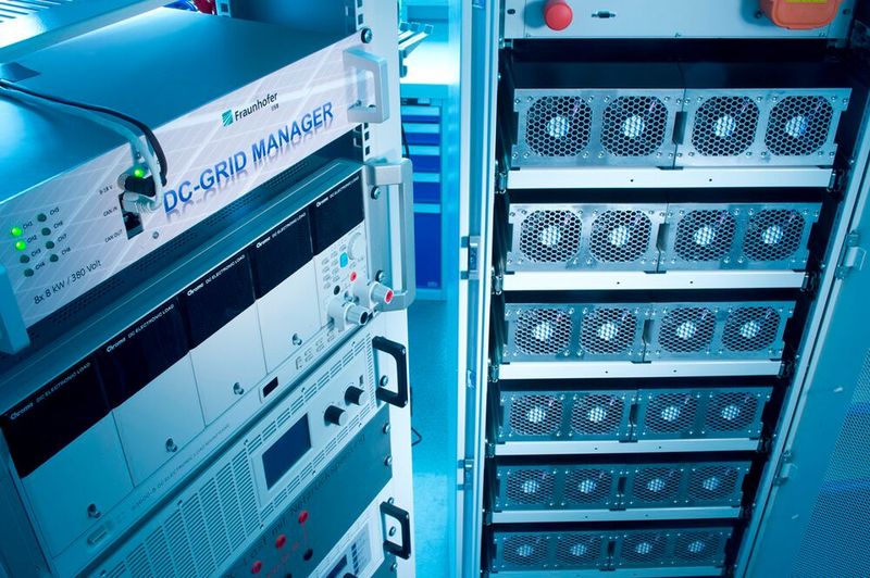 Leistungs-elektronische Wandler und stationäres Batterie-Speichersystem am Fraunhofer IISB. (Bild: Fraunhofer/Bernd Müller)