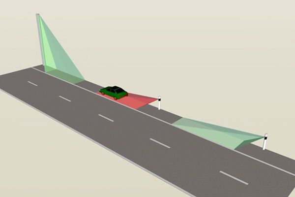 Bild 9: Das Sensornetzwerk überwacht ständig den Standstreifen und meldet den Belegungsstatus an die Leitzentrale. Die lokale Detektion kann mit Radarsensoren beispielsweise durch Integration in die Leitpfosten, in die Leitplanke oder einer exponierten Position von oben realisiert werden. (Bild: Siemens, Infineon)