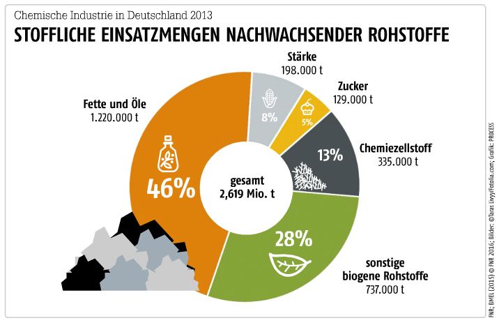 Januar-Ausgabe 2017  Chemische Industrie in Deutschland 2013Stoffliche Einsatzmengen nachwachsender Rohstoffe- Hier gehts zum Beitrag zur Grafik- Hier gehts zum E-Paper-Archiv (Quelle:FNR; BMEL (2015) © FNR 2016; Grafik: PROCESS)