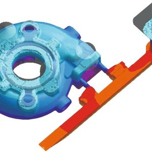 Bild 1: Simulierte Temperaturverteilung während der Formfüllung für ein im Sandguss gefertigtes Pumpengehäuse, um Aufschluss über das Fließverhalten der Schmelze zu erhalten. Bild: von Roll Casting