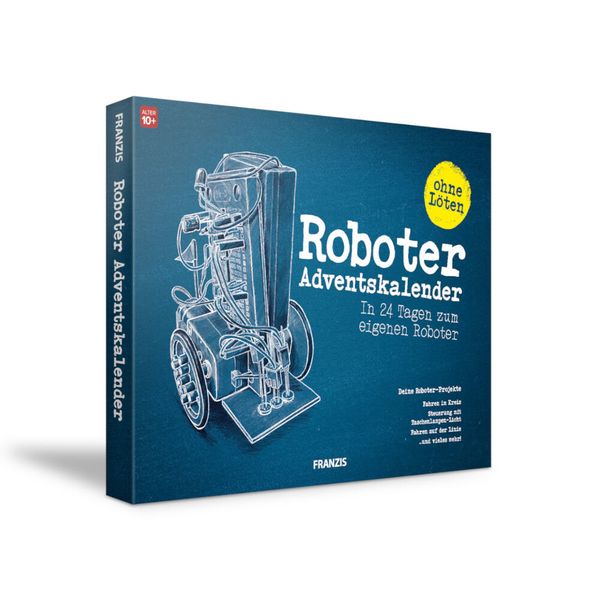 Roboter-Adventskalender: Die Nutzer bauen nicht nur einen eigenen Roboter, sie erfahren ganz nebenbei auch grundlegende Prinzipien elektronischer Schaltungen und der Robotersteuerung. (Franzis)