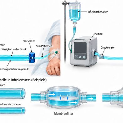 Bei einem Verschluss zwischen Pumpe und Patient kann ein nachgiebiger Schlauch Flüssigkeit unter Druck aufnehmen. Beim Öffnen kann sie als unbeabsichtigter Bolus austreten. (Schematische Darstellung) (Bild: Eigene Darstellung nach BD [3] und Doesburg et al. [4].)