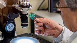 Grün ist die Hoffnung und ein neuartiger Verbundwerkstoff auf Badeschwamm-Basis. Prof. Hermann Ehrlich forscht an der TU Bergakademie Freiberg und untersucht hier ein Exemplar. (C. Mokry / TU Bergakademie Freiberg)