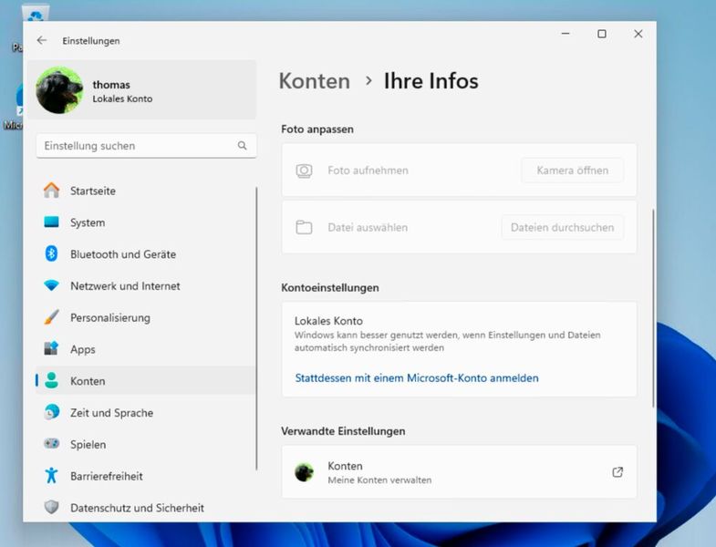 Erfolgreicher Wechsel von einem Microsoft-Konto zu einem lokalen Konto. (Bild: Joos | Microsoft)