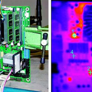 Bild 1: Das Mainboard wird im laufenden Betrieb mit einer Wärmebildkamera beobachtet (links), um sicherzustellen, dass es im erweiterten Temperaturbereich stabil läuft. Hotspots werden im Wärmebild identifiziert (rechts).  Bild: Fujitsu Technology Solutions