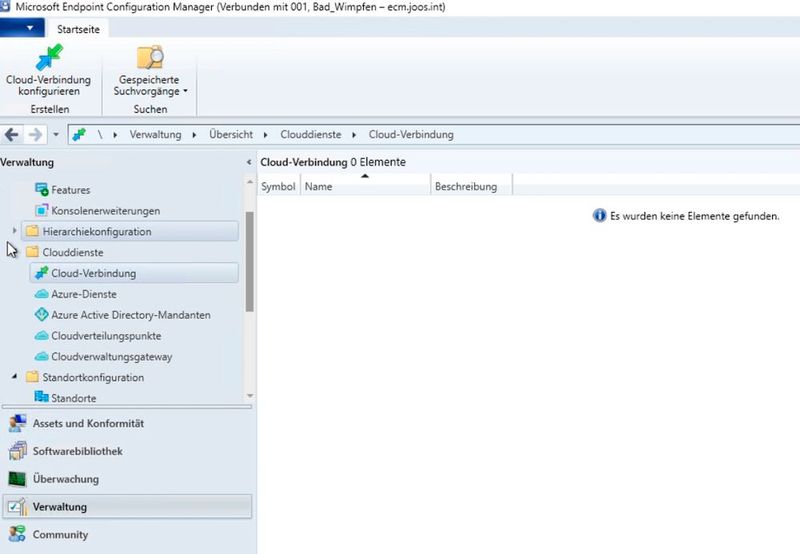 Im Bereich „Cloud-Dienste“ der ECM-Konsole erfolgt die Anbindung von ECM an Endpoint Manager. Hier steht auch der entsprechende Agent zur Verfügung. (Bild: Microsoft / Joos)