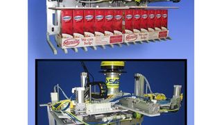 Der Greifer setzt das Produkt auf die Palette ab, indem die Gabeln sich durch eine feststehende Abstreifplatte zurückziehen. Bild: SAS (Archiv: Vogel Business Media)