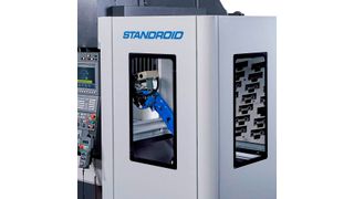 Okuma's Standroid floor-mounted, robotic automation solution will be exhibited feeding a M560-V 3-axis vertical machining centre. (NCMT)