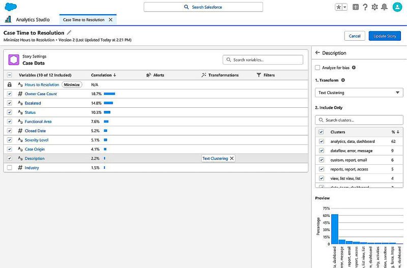CRM Analytics mit Einstein Discovery und Text Clustering: Einstein Discovery hilft mit Text Clustering, Schlüsselwörter zu finden, die eine Problemlösung betreffen. Auf diese Weise soll ein Callcenter-Agent in der Lage sein, ein Problem („case data“) schneller für den Kunden zu lösen („Case Data Resolution“). Es wäre beispielsweise alarmierend, wenn die Kategorie „Escalated“ (weitergeleitet) zunehmen würde. (Tableau)