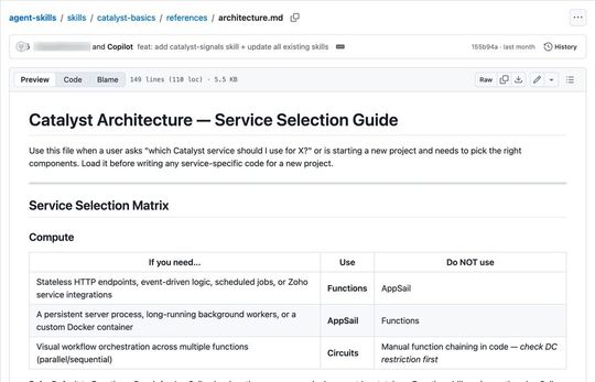 „Use“ und „Do NOT use“: Agent Skills geben dem KI-Assistenten in der Catalyst-Cloud-Plattform von Zoho klare Leitlinien.(Bild:  Zoho)