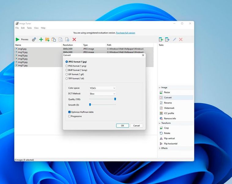 Auswählen des Zielformates für das Konvertieren von Fotos mit Image Tuner. (Joos (Screenshot))