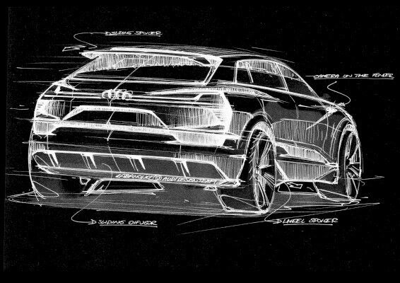 Der Audi e-tron quattro concept: Die Kabine verjüngt sich zum Heck hin stark – angenähert an die idealisierte Form eines aerodynamisch optimierten Tropfens. (Bild: Audi)