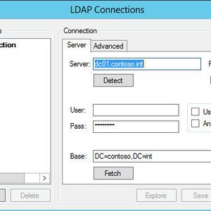 Über das Windows-Symbol können Administratoren Benutzerprofile zum Anbinden an das Active Directory festlegen. IT-Verantwortliche dürfen beliebige Domänencontroller abfragen. Dabei unterstützt Lumax auch SSL-Verbindungen und alternative Ports.