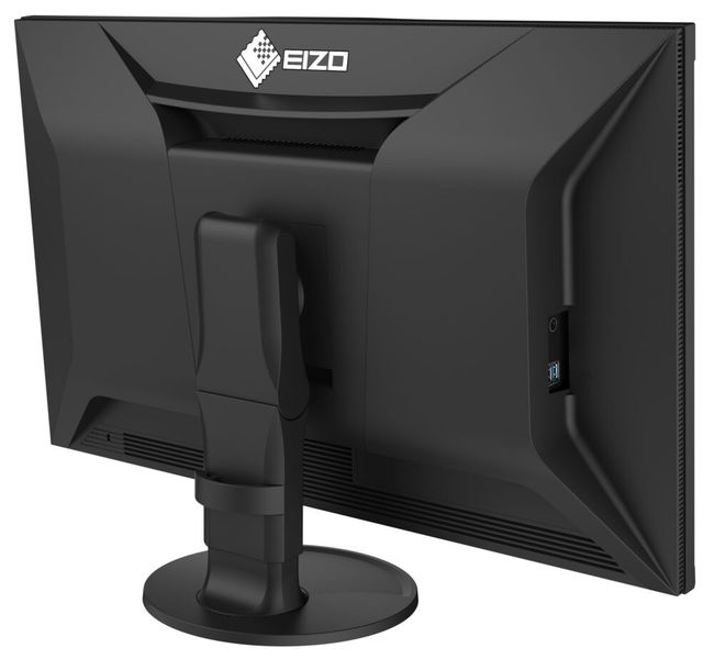 Der Standfuß des ColorEdge CG3200X bietet eine Höhenverstellung. Links im Gehäuse sitzen die beiden Downstream-Ports des integrierten USB-Hubs.  (Bild: Eizo)