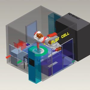 Zentrales Element der Reinigungsanlage Flex Cell ist ein Roboter für das Teilehandling in der Arbeitskammer. Der Verschlussdeckel der Kammer dient als Spritzschutz für den Roboter. 