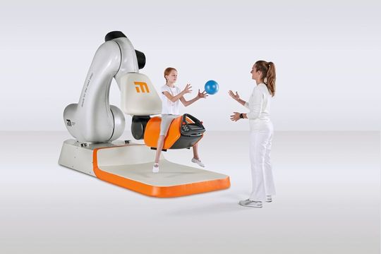 Das Therapiegerät mit einem KR Quantec Roboter von Kuka ahmt die Bewegung eines Pferderückens in der Gangart Schritt exakt nach.(Bild:  intelligent motion)