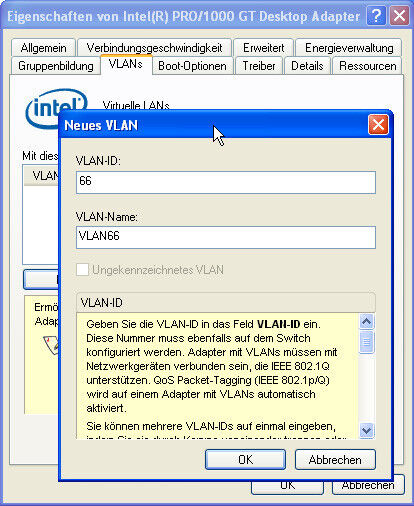 Abbildung 2: Die Intel Netzwerkkarte mit aktivem VLAN. Dem VLAN wurde die ID 66 und der Name VLAN66 zugewiesen. (Archiv: Vogel Business Media)