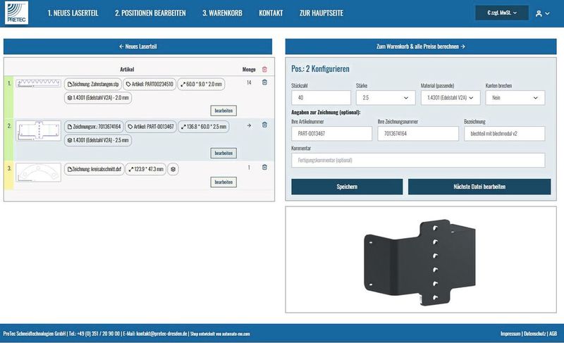 Blechbiegeteile und Laserteile in wenigen Sekunden online kalkulieren mit dem Blechteile-Kalkulator der Pretec Schneidtechnologien GmbH aus Dresden, erstellt durch die Automate-Me GmbH. (Bild: Automate-Me)