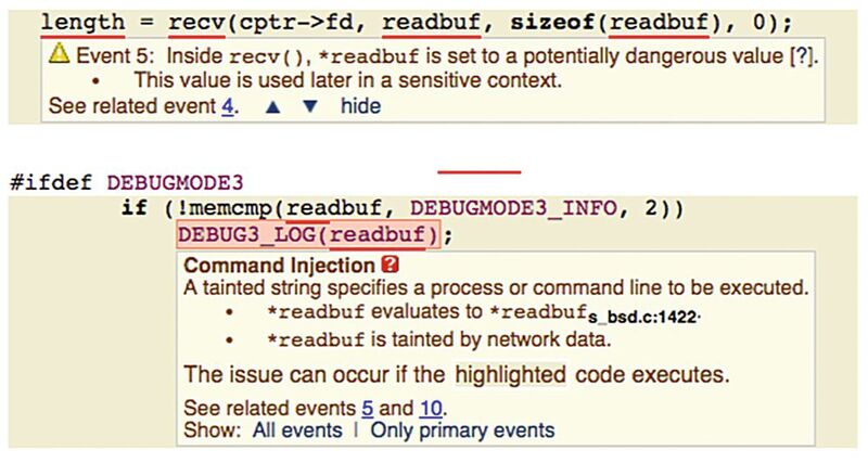 Bild 1: Beispiel von Obfuscation eines Exploits im Project Unreal IRCD. Im Quellcode erscheint die betreffende Stelle als ein harmloses Makro zum Debug-Loggin. (Bilder: GrammaTech)