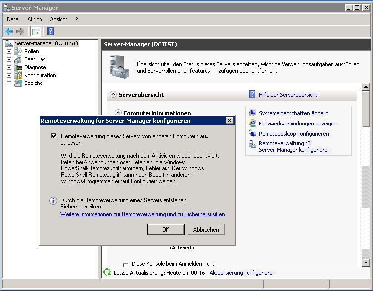 Abbildung 1: Auf dem Windows Server 2008 R2 muss die Remoteverwaltung erst frei geschaltet werden. Diese Freischaltung ist von der Remotekonsole unabhängig. (Archiv: Vogel Business Media)