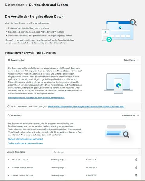 Die Übersicht für Browser- und Suchverlauf ermöglicht Einsicht in gespeicherte Aktivitäten sowie deren gezielte oder vollständige Löschung. (Bild: Joos)