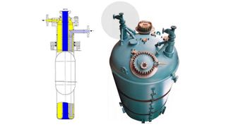 Beispiel für einen emaillierten Rührbehälter: Pfaudler Quatro-Pipe mit zusätzlicher Möglichkeit zum Beheizen oder Kühlen, rechts daneben die Einbausituation in einem Polymerisationsbehälter. Bild: Pfaudler (Archiv: Vogel Business Media)