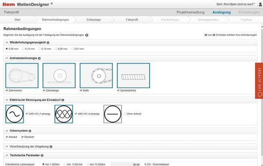 (Der Nutzer kann Informationen zur Wiederholgenauigkeit, Antriebstechnologie, dem Gebersystem und technischen Parametern abrufen. Bild: Item)