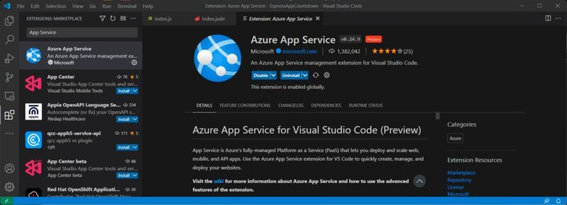 Neben der Azure-VS-Code-Extension benötigen wir noch die Erweiterung für Azure App Service.