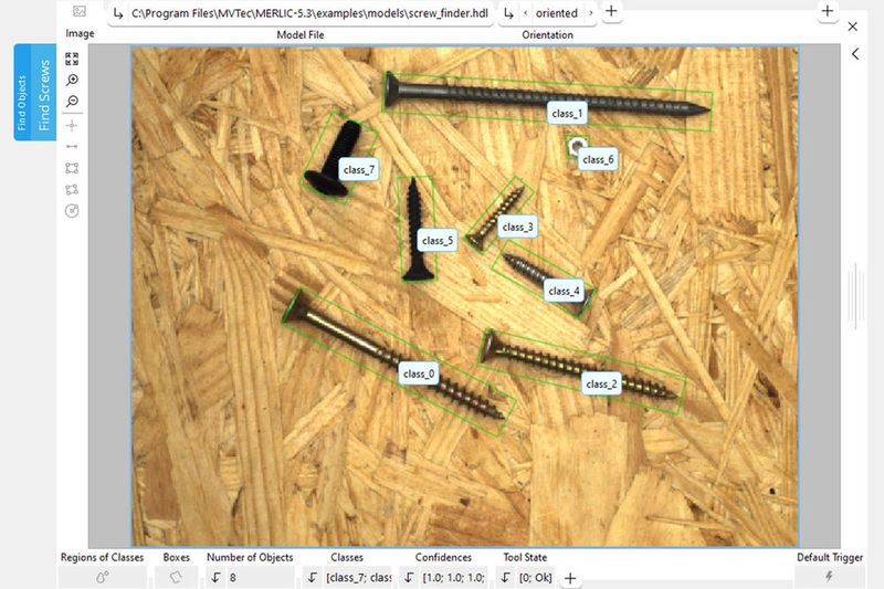 Das Tool „Objekt finden“ lokalisiert trainierte Objektklassen und identifiziert sie mit einem umschreibenden Rechteck (Bounding Box). (Bild: MVTec Software)