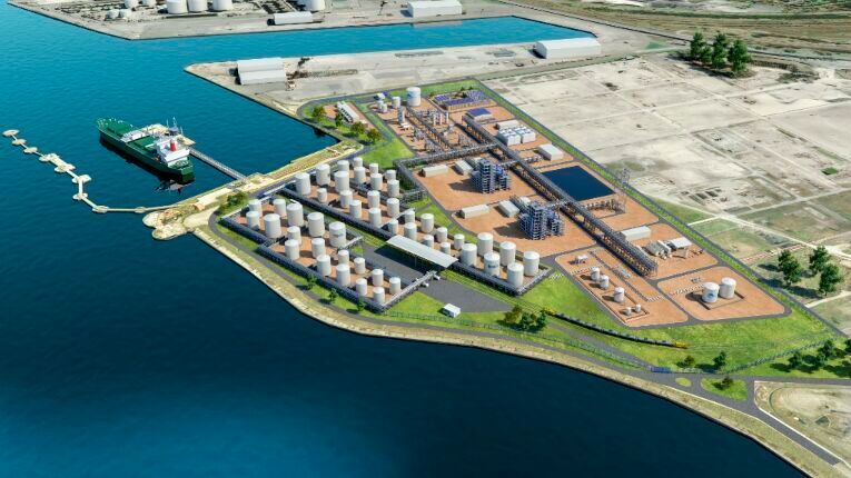 3D-Vorschau auf das SAF-Projekt im Hafen von Dunkirk, wo zukünftig das Joint Venture von Technip Energies, Airbus, Safran und Tereos angesiedelt sein wird.(Bild:  Technip Engines)