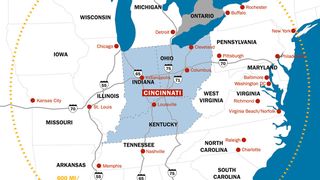 Cincinnati ist durch seine Lage an der amerikanischen Ostküste leicht von Deutschland aus zu erreichen. Innerhalb einer Lkw-Tagesfahrt um Cincinnati USA sind über 50% aller US-Produktionsstätten sowie US-Konsumenten. (Bild: IHK Cincinnati USA)
