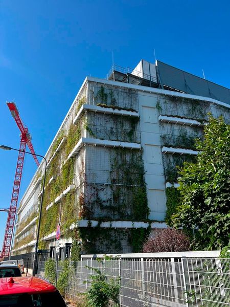 Auf der gegenüberliegenden Straßenseite befindet sich das von außen begrünte „FRA8“. (Bild: Paula Breukel)