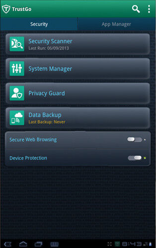 TrustGo Mobile Security: Die App von TrustGo zeigt alle wichtigen Funktionen auf einen Blick und gehörte auch hinsichtlich der Malware-Erkennung zu den Top-Platzierten. (Bild: AV-TEST)