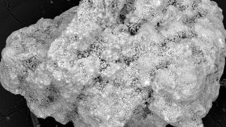 Aus dem Rasterelektronenmikroskop stammende Aufnahmen von einem Mikrometeoriten. Diese Mikrometeoriten wurden auf der Erde (Antarktis) gesammelt. Es wird angenommen, dass jedes Jahr eine relativ große Menge an Mikrometeoriten mit ähnlicher Zusammensetzung auf den Mars fällt. Ein Teil des darin enthaltenen organischen Materials könnte beim Erhitzen in Chlormethan umgewandelt werden. (Bild: Bastian Baecker (Universität Heidelberg / Max-Planck-Institut für Chemie, Mainz), Luigi Folco )