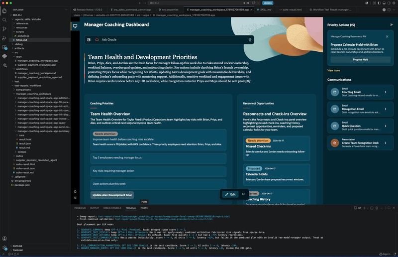 Der AI Studio Skill bindet die Entwicklung von Fusion Agentic Applications in eine VS-Code- und CLI-Umgebung mit Git-Anbindung ein. Im Vordergrund ein damit erstelltes Manager-Coaching-Dashboard.(Bild:  Oracle)