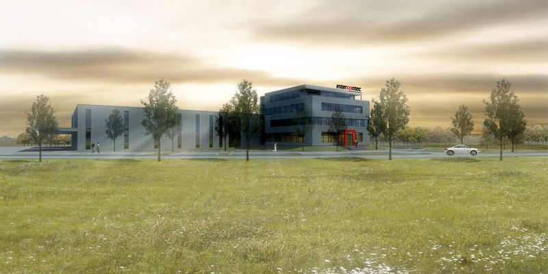 So soll der Neubau aussehen: Vorne das Verwaltungsgebäude, Fertigstellung Ende 2014, dahinter zwei Fertigungshallen, die bereits Ende 2013 bezugsfertig sein sollen. (Bild: Intercontec)