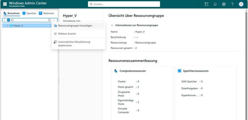 Die Zusammenfassung einer Ressourcengruppe zeigt aggregierte Informationen zu Hosts, virtuellen Maschinen und Storage-Komponenten innerhalb einer logischen Einheit. (Bild: Microsoft - Joos)