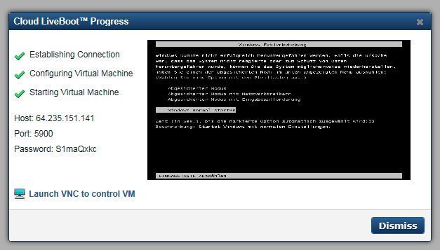 Der Zugriff auf einen in der Cloud LifeBoot-Umgebung wiederhergestellten Server hat der Administrator einfach per VNC. (Michael Schlede)