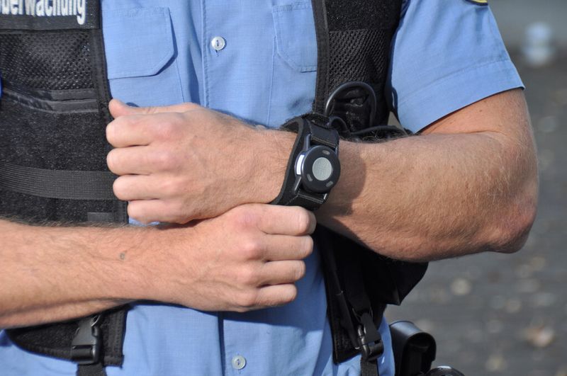 Mit einer Taste am Arm aktiviert der Polizeibeamte die „Body-Cam“ (Bild: HMDIS)