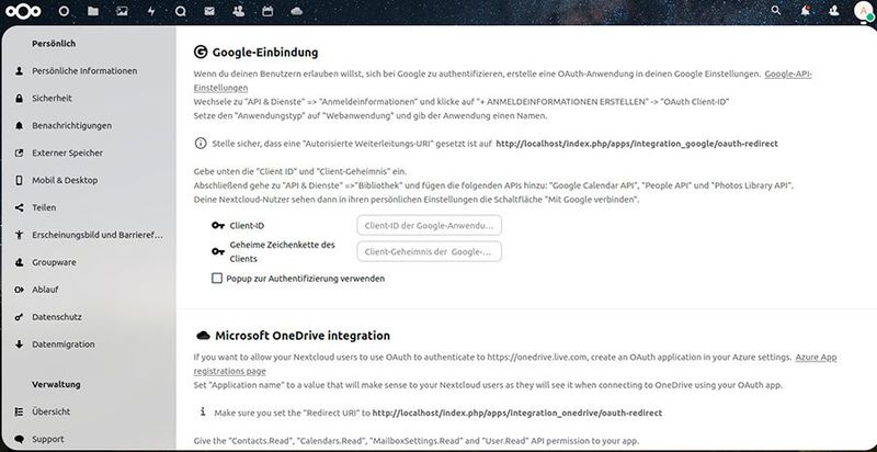 Nach der Aktivierung der App „Google Integration“ kann bei „Connected Accounts“ im Admin-Bereich von Nextcloud die Anbindung an Google erfolgen.  (Bild: Joos / Nextcloud GmbH)
