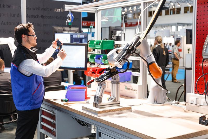 Während der eine hält, drückt oder zieht der andere: Der Werker und der Roboter ergänzen sich. Sie arbeiten als Team zusammen. (Fraunhofer-IPA)