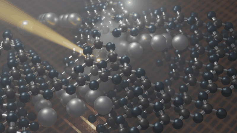 Three layers of a silver ion-doped polyheptazine imide polymeric network. In this example the metal ions are located between the layers, inducing lattice expansion and structural distortion. However, the polymeric backbone remains intact. Only the pore geometry changes.(Source:  Dr. Bernd Schröder)