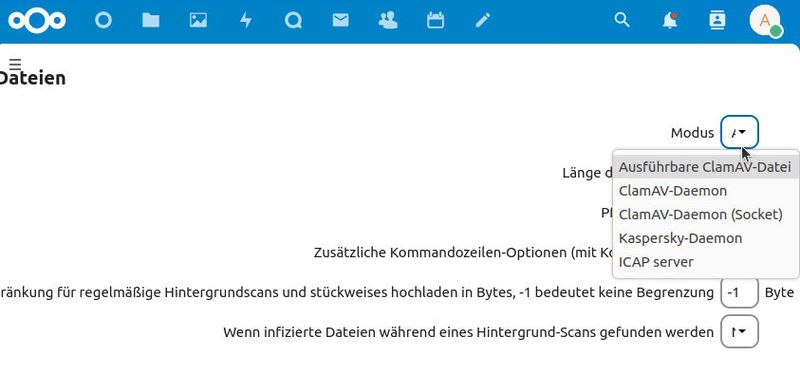 Konfigurieren des Antiviren-Schutzes in Nextcloud 26. (Bild: Joos - Nextcloud)