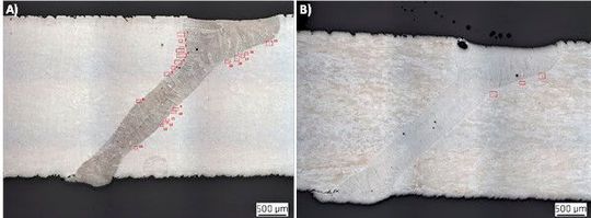 Passt man den Vorschub an, reduziert sich die Rissneigung: A) Standardparameter ergeben eine Risskonzentration an den Nahtflanken (rot). B) Mit optimierten Parametern reduziert sich das Problem auf vereinzelte Risse.(Bild:  Fraunhofer IPK)
