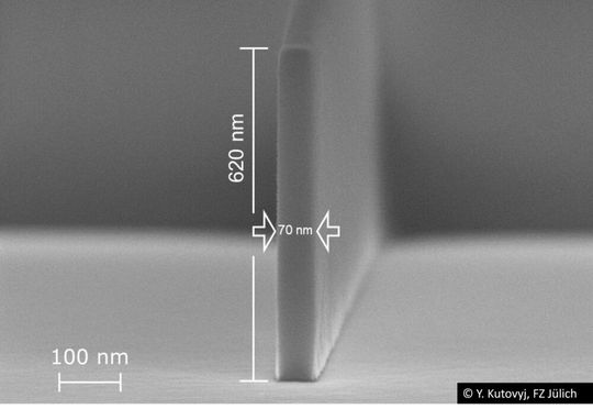 „Shadow-Wall“-Strukturen für die Herstellung von Quantencomputern. Geschrieben mit 100 kV, 200 pA Stromstärke, Dosis: 600 μC/cm². Entwickler AR 300-73 (6,5% TMAH).(Bild:  Allresist)