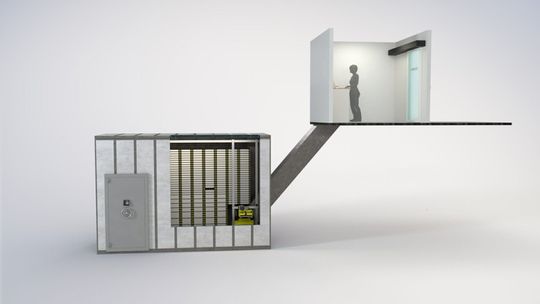 (Die automatische Bankschließfachanlage Valiomat besteht aus der Ausgabestation und einem Tresorraum mit einer Art Hochregallager, in dem sich die Kassetten befinden. Bildquelle: Agentur 3D-Cube.ch, Patrick Manser)