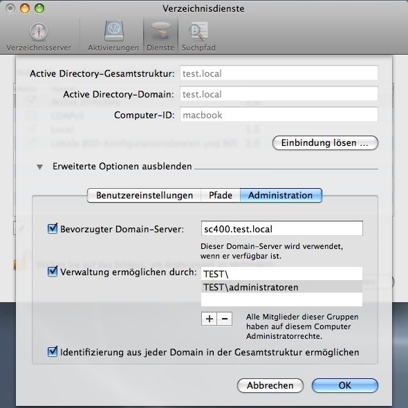 Abbildung 4: Unter den erweiterten Optionen lassen sich wichtige Einstellungen bezüglich Verbindung zur Domäne und Administration einstellen. Für die Einrichtung von Verzeichnisdiensten sind administrative Privilegien auf dem MacOS-System erforderlich. (Archiv: Vogel Business Media)