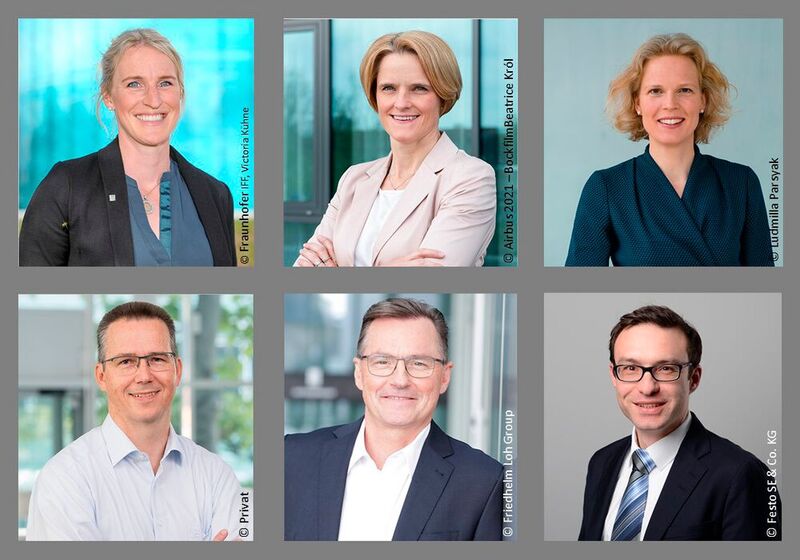 Die neue Verstärkung für den Forschungsbeirat Industrie 4.0. Von links oben nach rechts unten: Julia C. Arlinghaus, Nicole Dreyer-Langlet, Katharina Hölzle, Daniel Hug, Dieter Meuser und Björn Sautter.